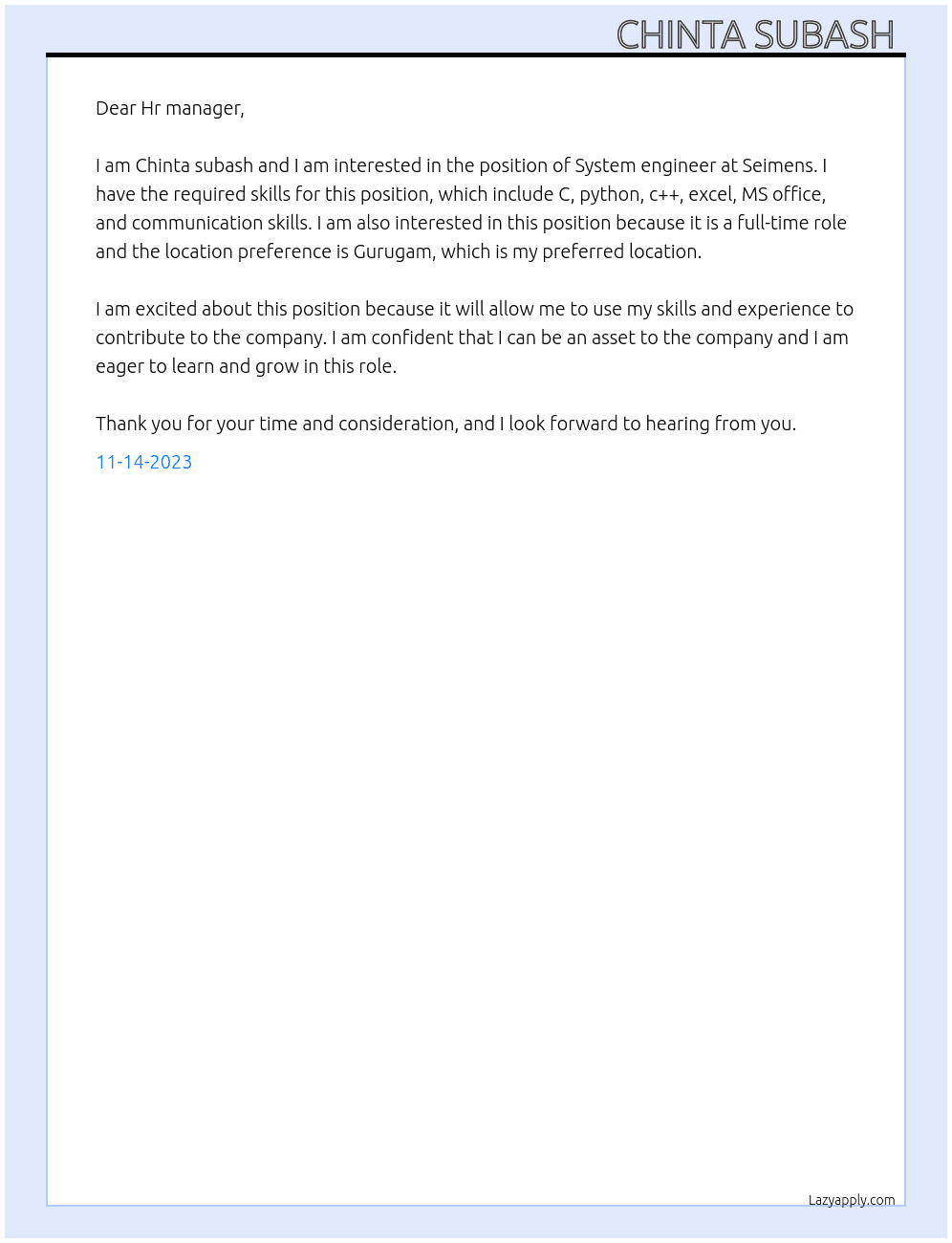 System engineer  At Seimens  Cover Letter