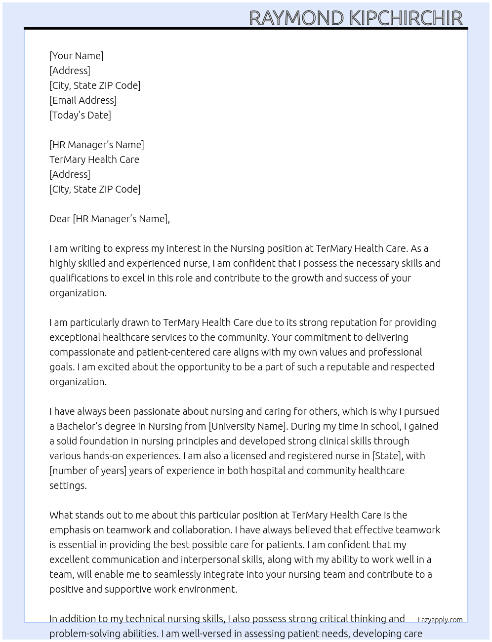 Nursing  At TerMary Health care Cover Letter