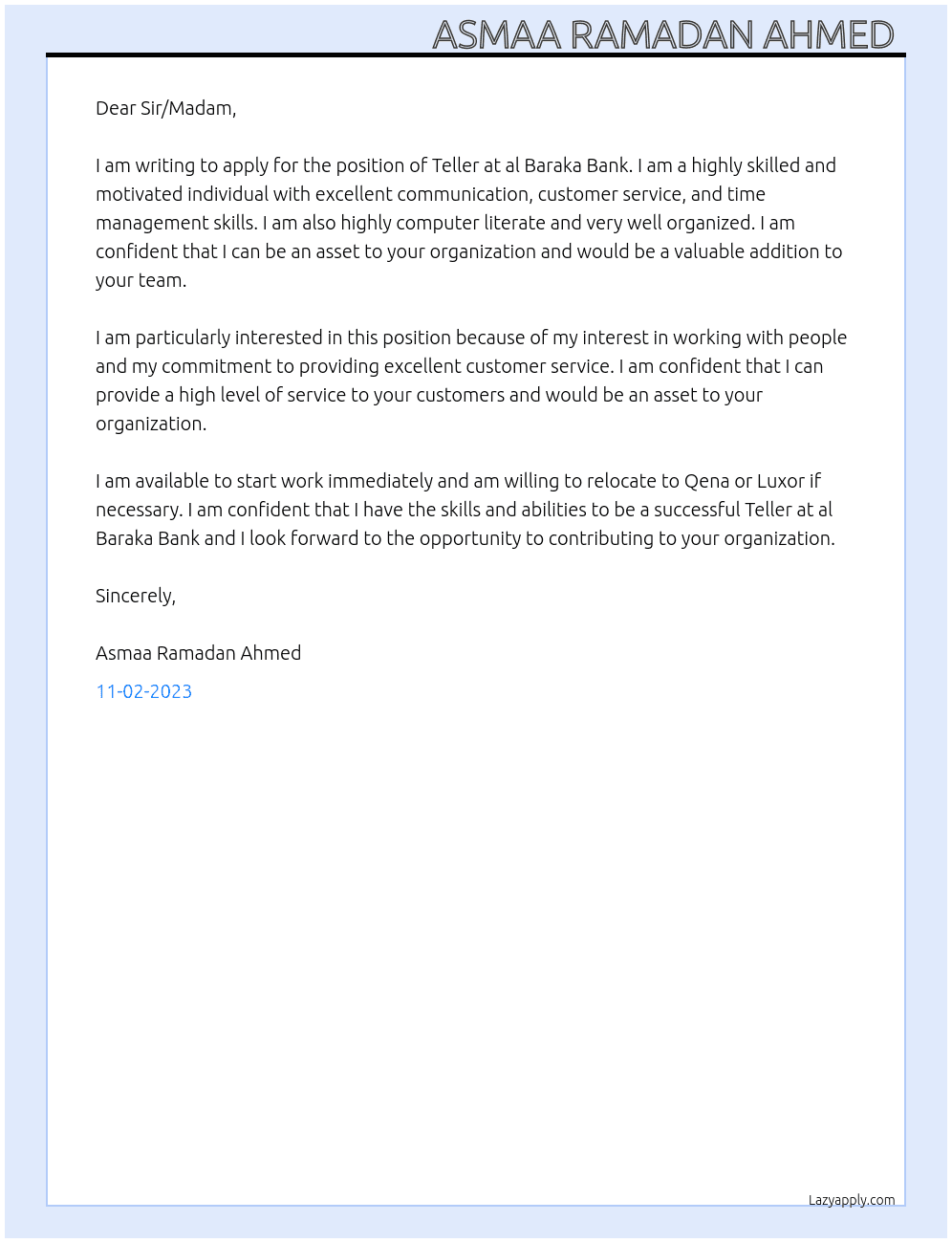 Teller  At al Baraka Bank  Cover Letter