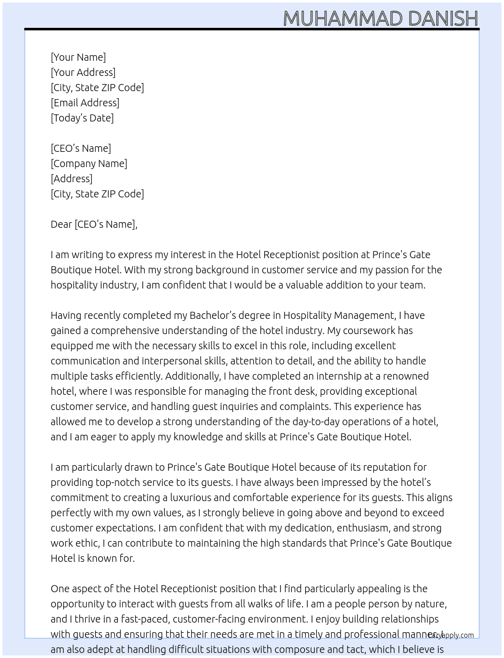 Hotel Receptionist At Prince's Gate Boutique Hotel Cover Letter