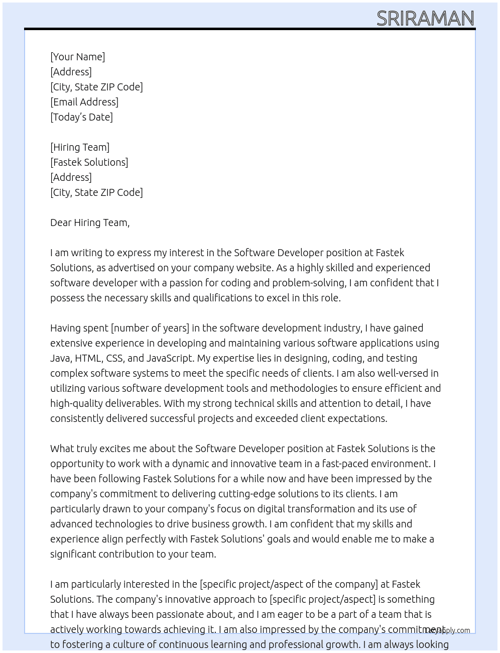 Software developer At Fastek Solutions Cover Letter