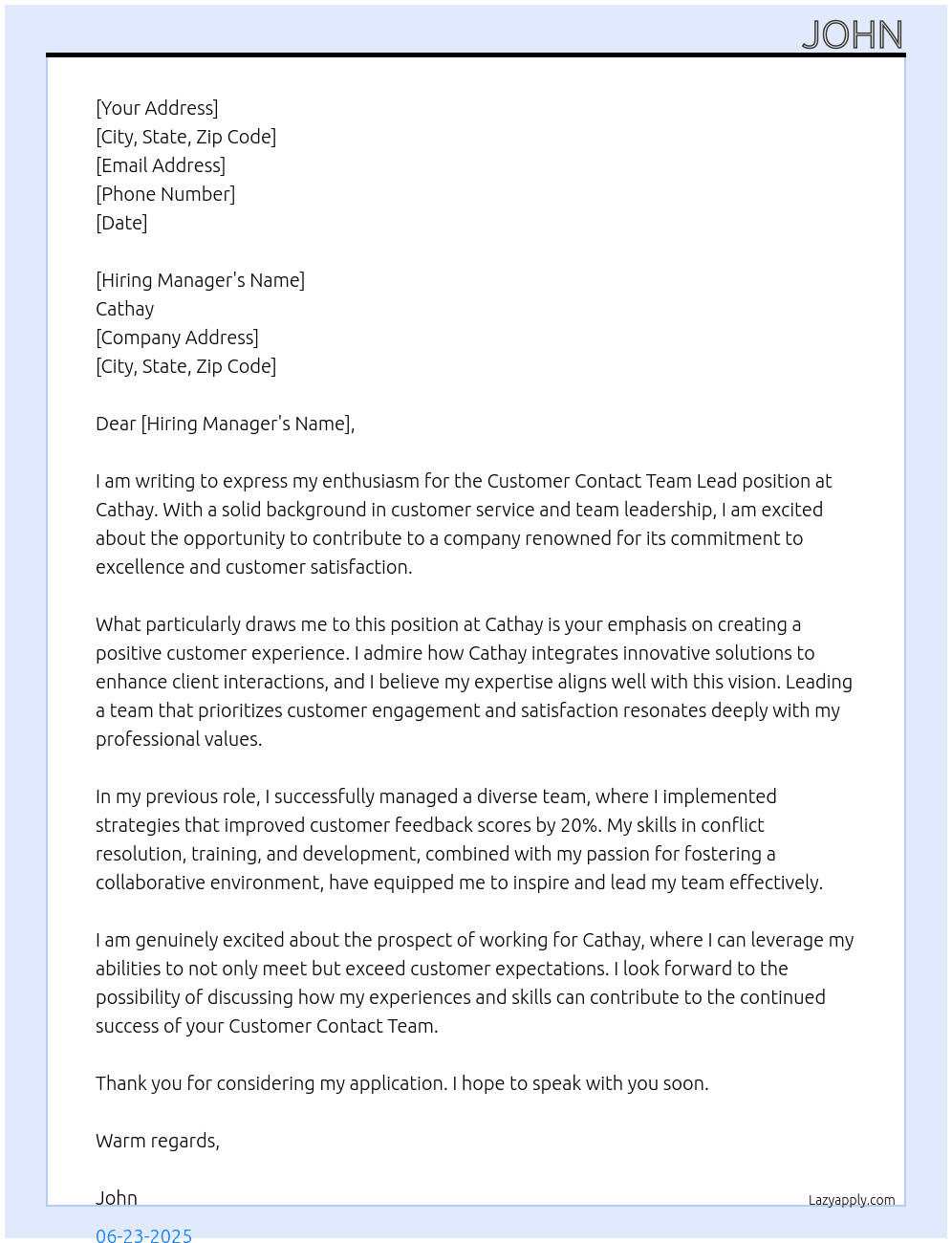 customer contact team lead At cathay Cover Letter