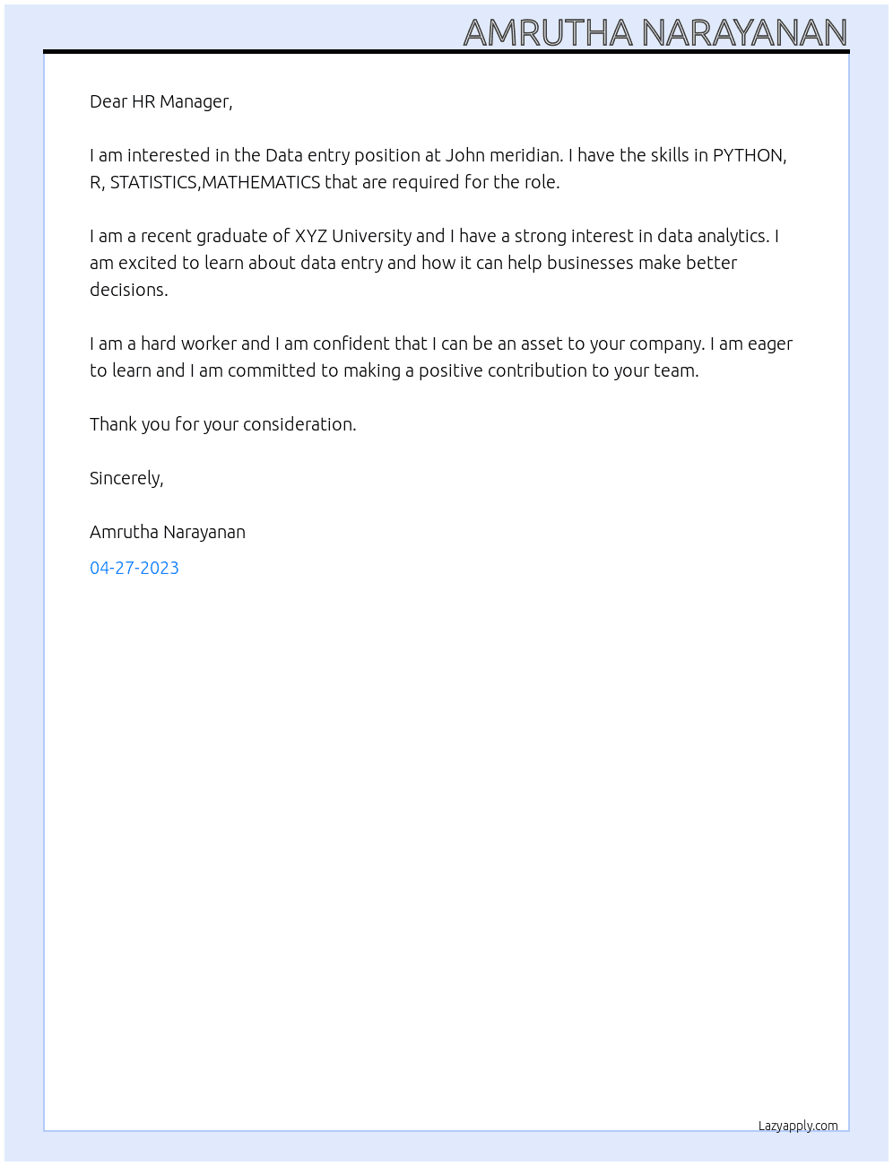 Data entry At John meridian Cover Letter