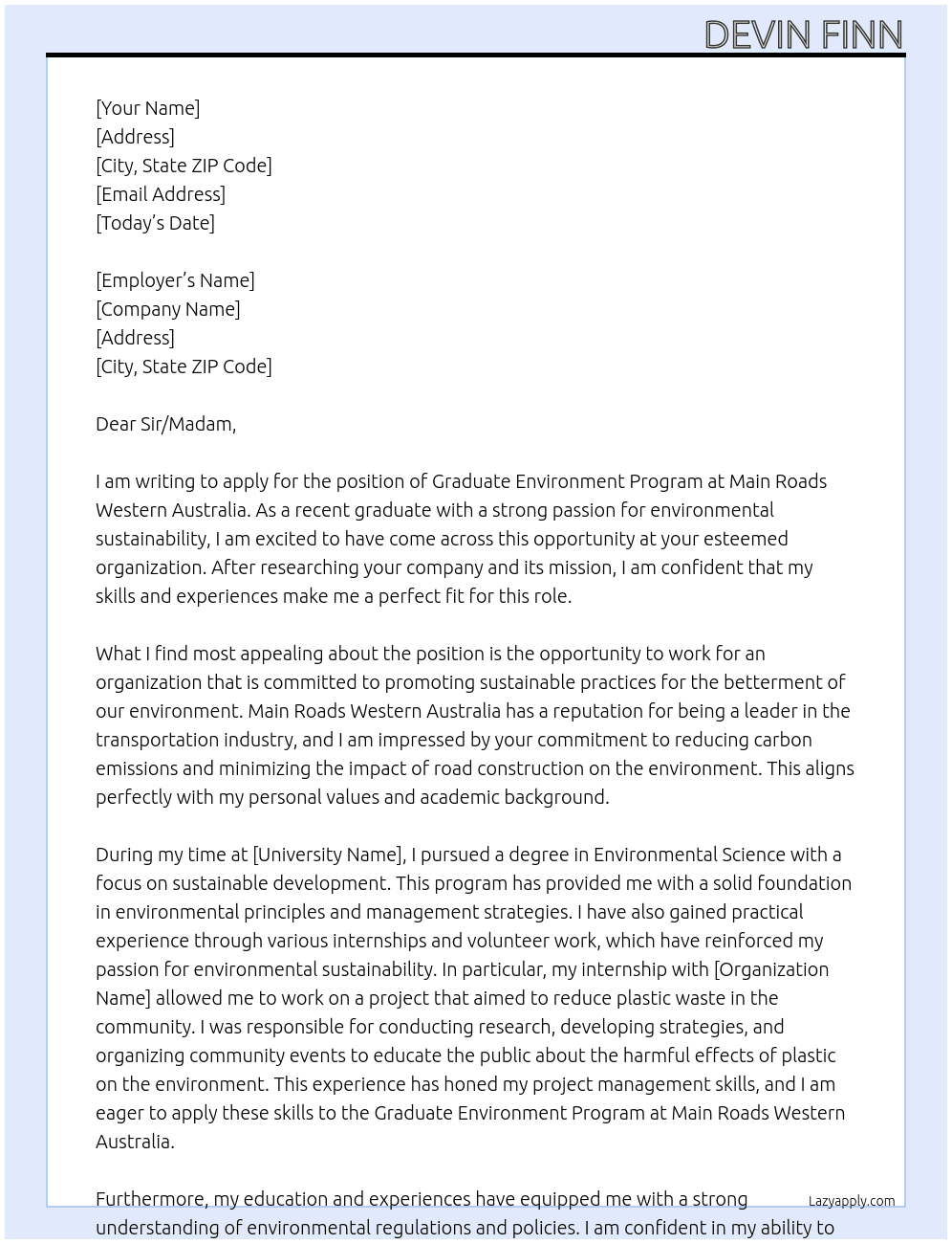 Graduate Environment Program  At Main Roads Western Australia  Cover Letter