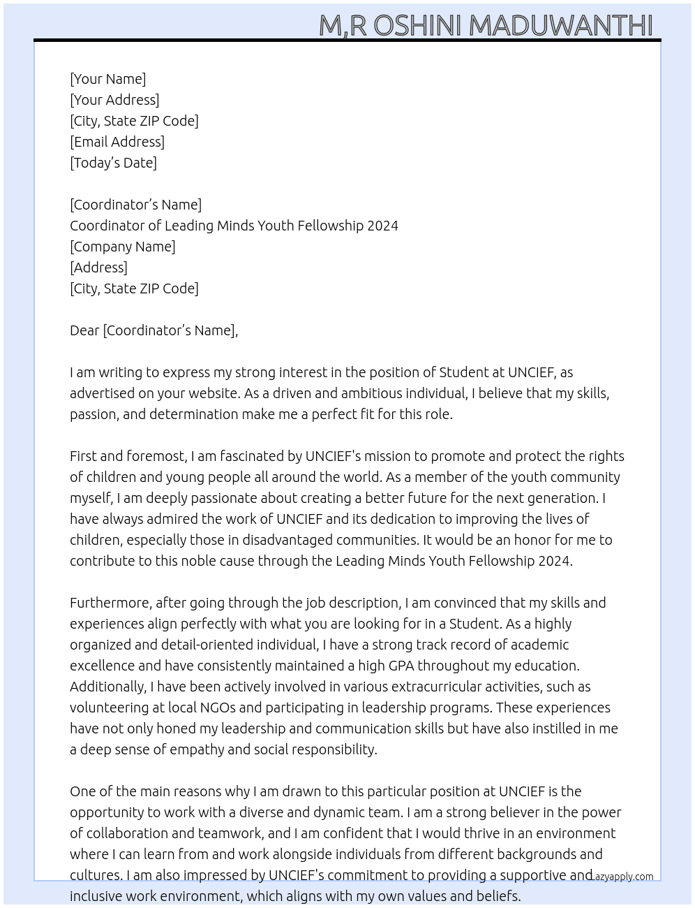 Student  At UNCIEF  Cover Letter