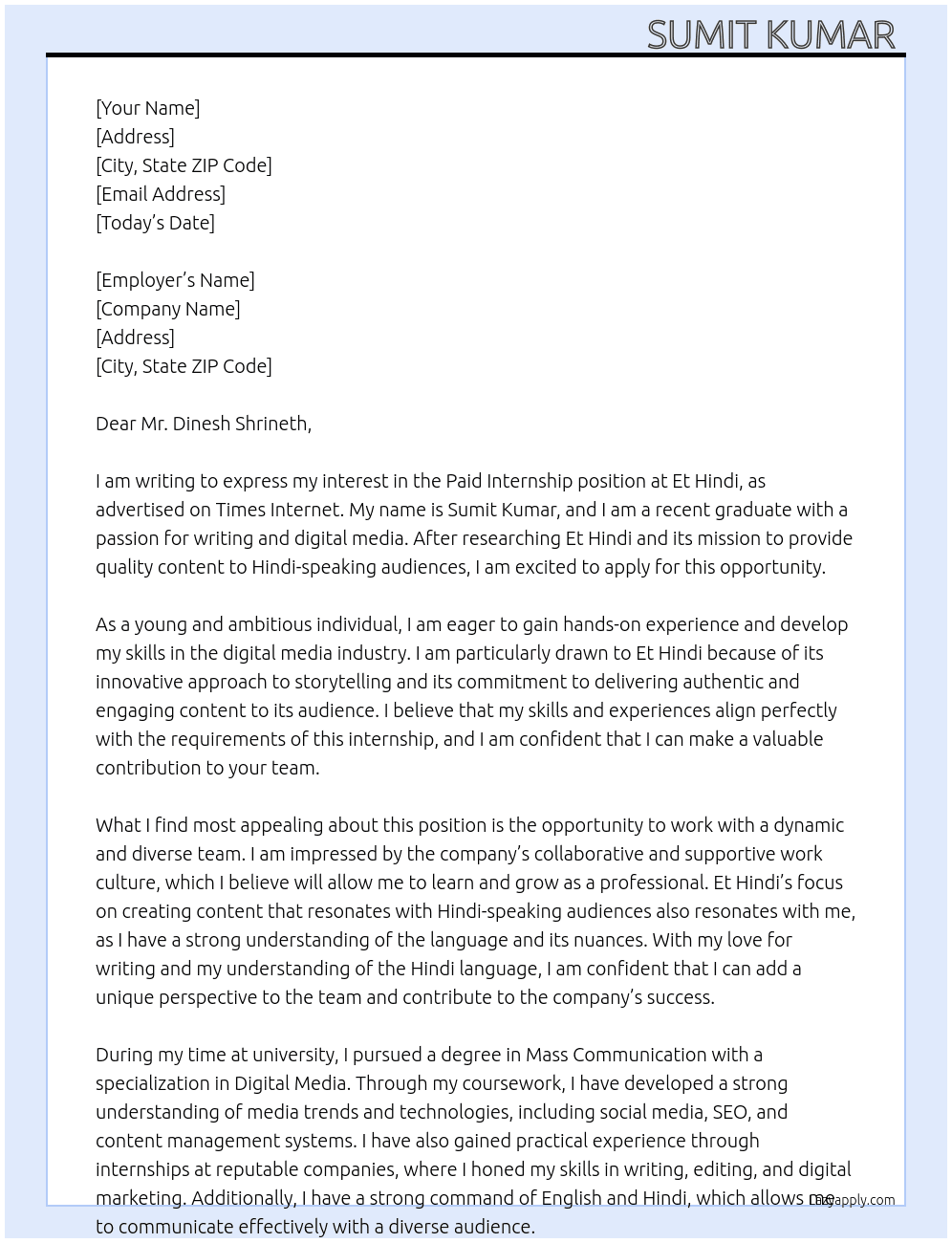 Paid internship  At Et Hindi  Cover Letter