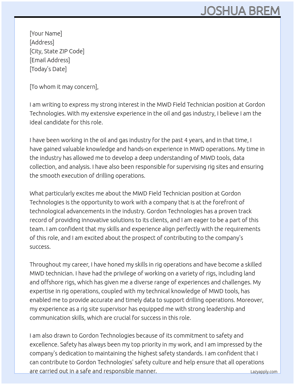 MWD Field Technician  At Gordon Technologies  Cover Letter
