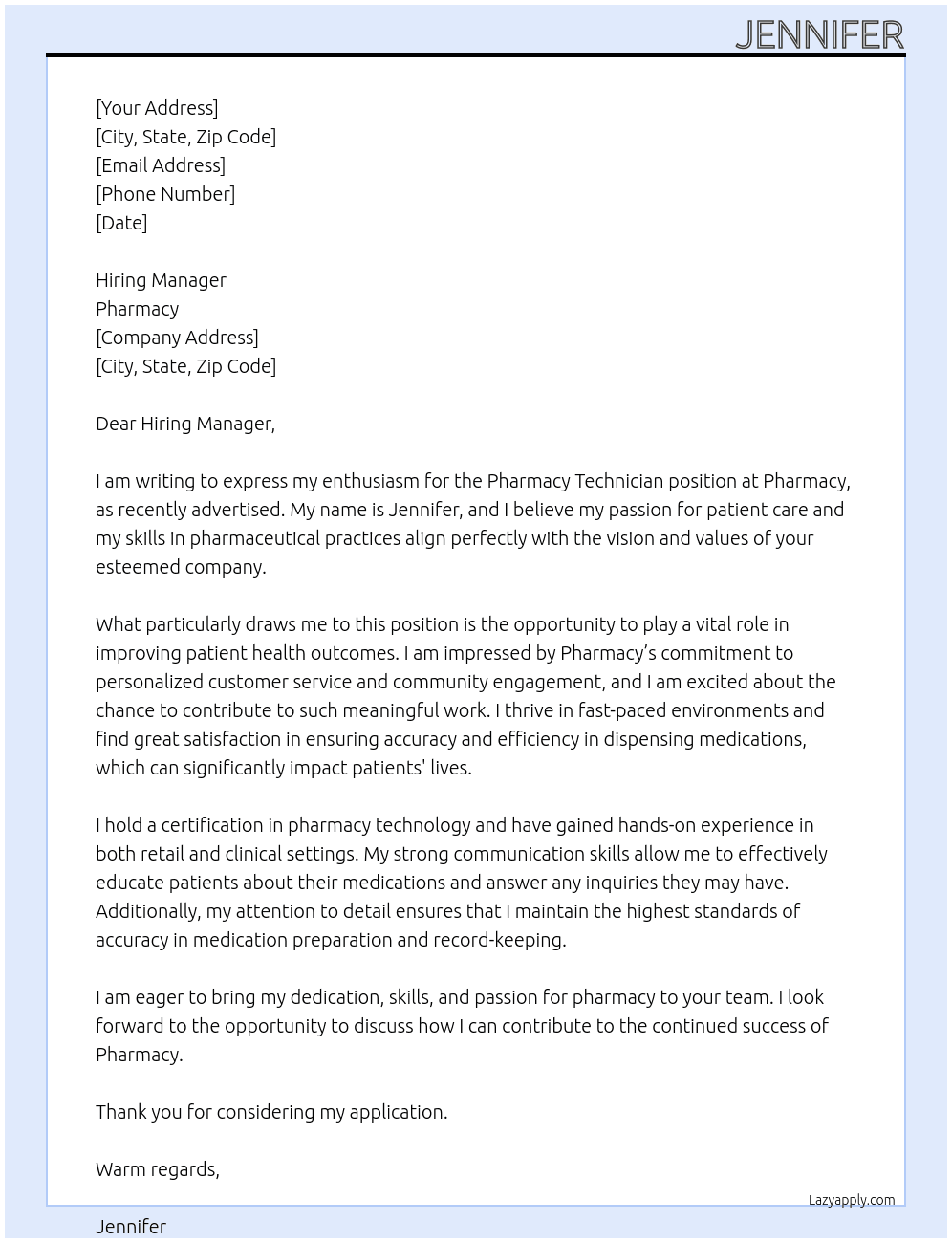 Pharmacy technician  At Pharmacy Cover Letter