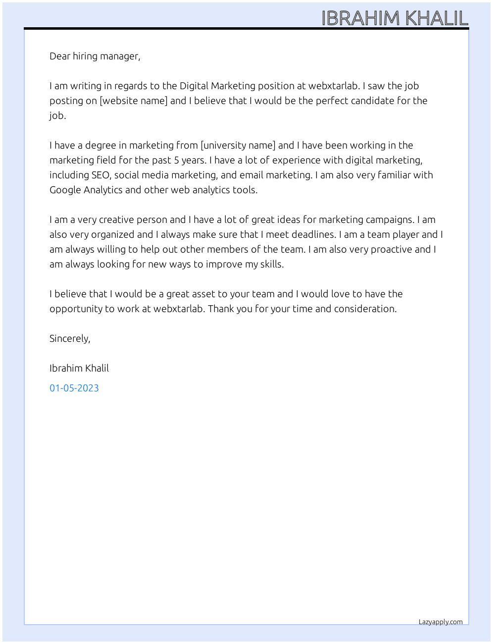 Digital Marketing At webxtarlab Cover Letter