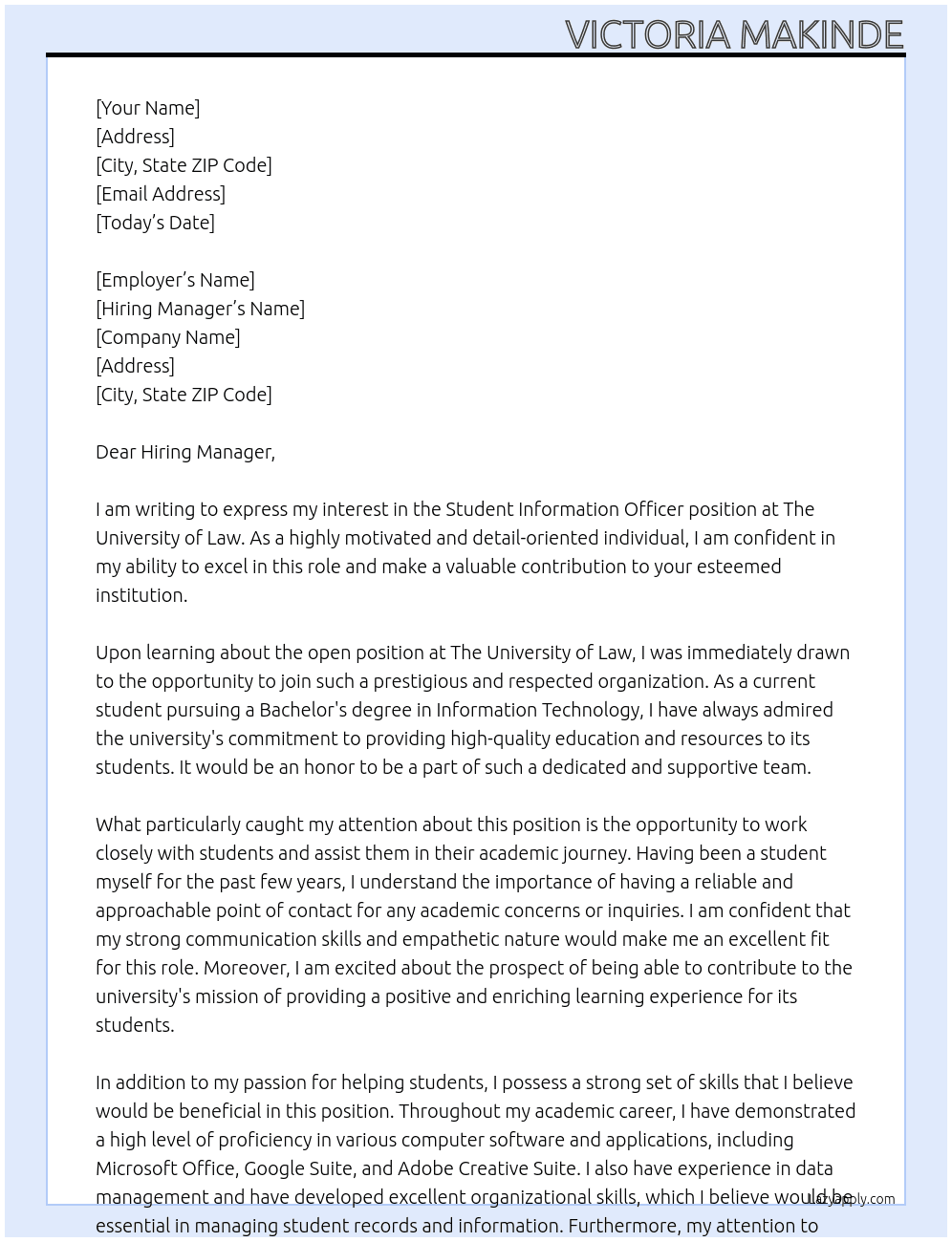 Student Information Officer At The University of Law  Cover Letter