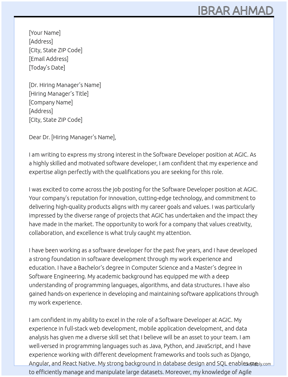 Software Developer At AGIC Cover Letter