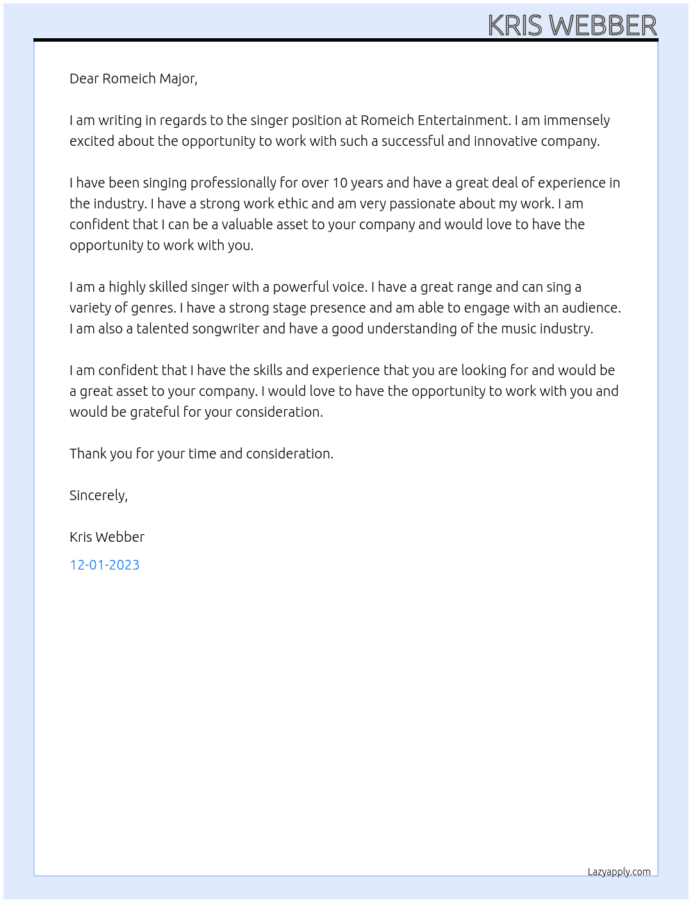 singer At Romeich Entertainment Cover Letter