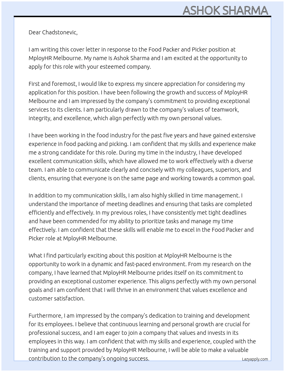 Food packer an picker At MployHR Melbourne  Cover Letter