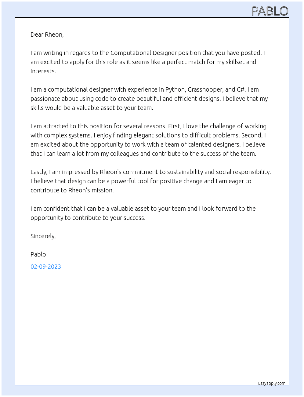 Computational Designer At Rheon Cover Letter