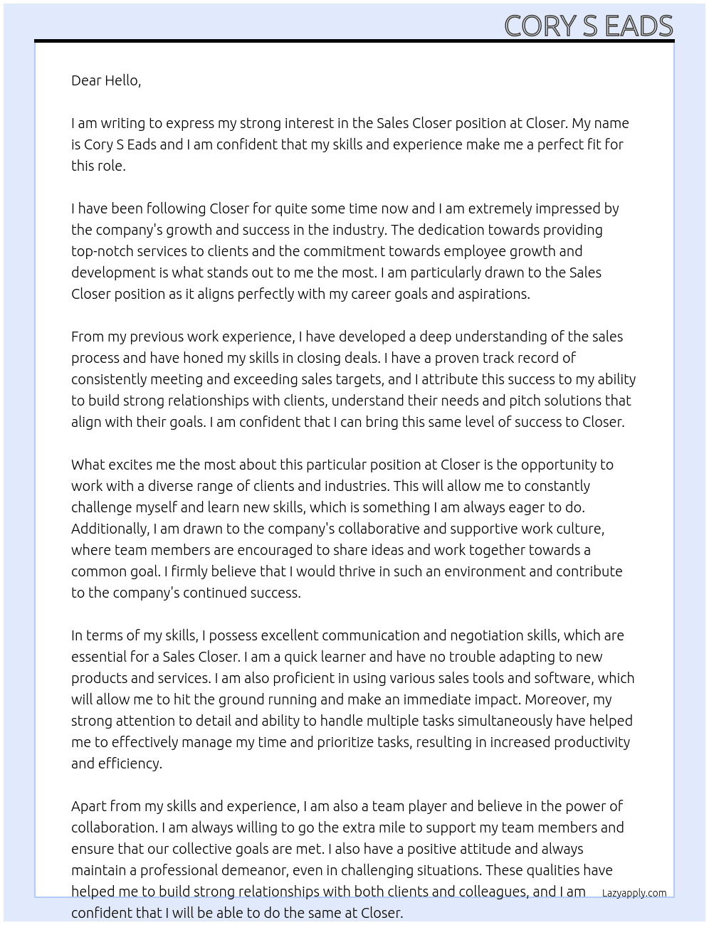 Sales Closer At Closer Cover Letter