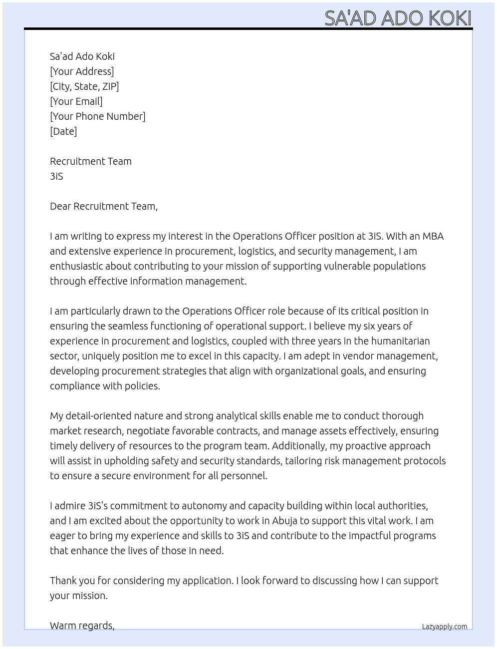 Operations Officer – Nigeria At 3iS  Cover Letter