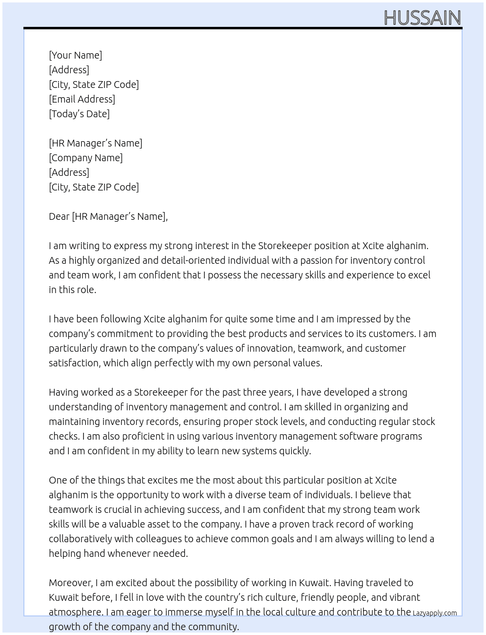 Storekeeper  At Xcite alghanim  Cover Letter