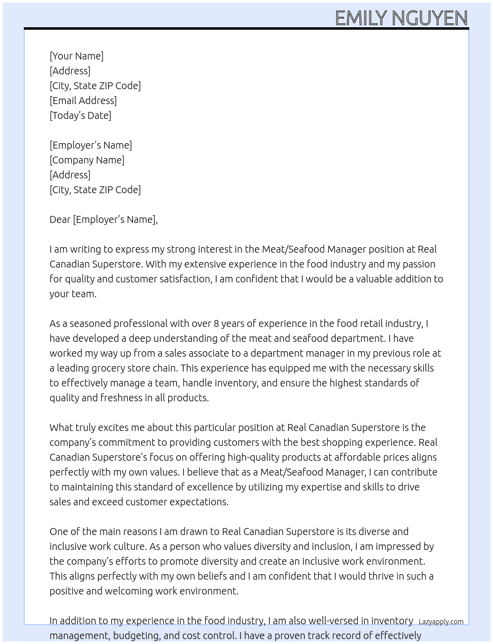 meat/seafood manager  At Real Canadian Superstore Cover Letter