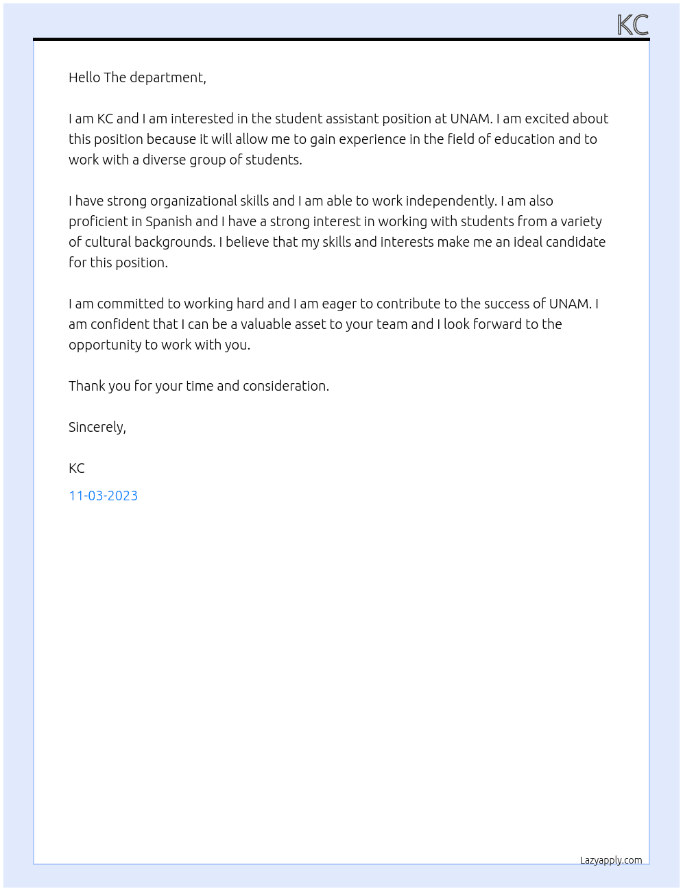 Student assistant At UNAM Cover Letter