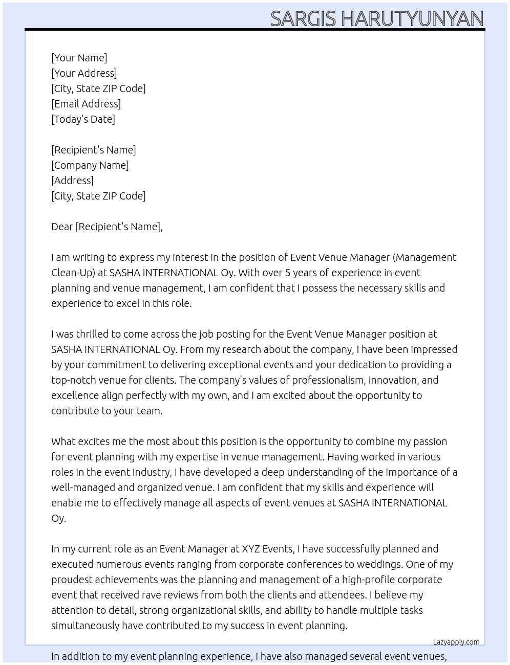 Event Venue Manager (Management Clean-Up) At SASHA INTERNATIONAL Oy Cover Letter