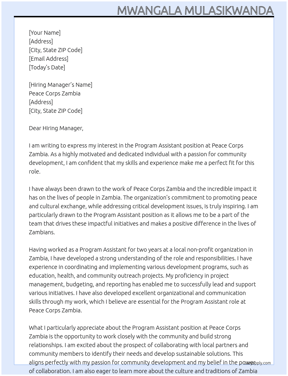 Program assistant  At Peace corps Zambia  Cover Letter