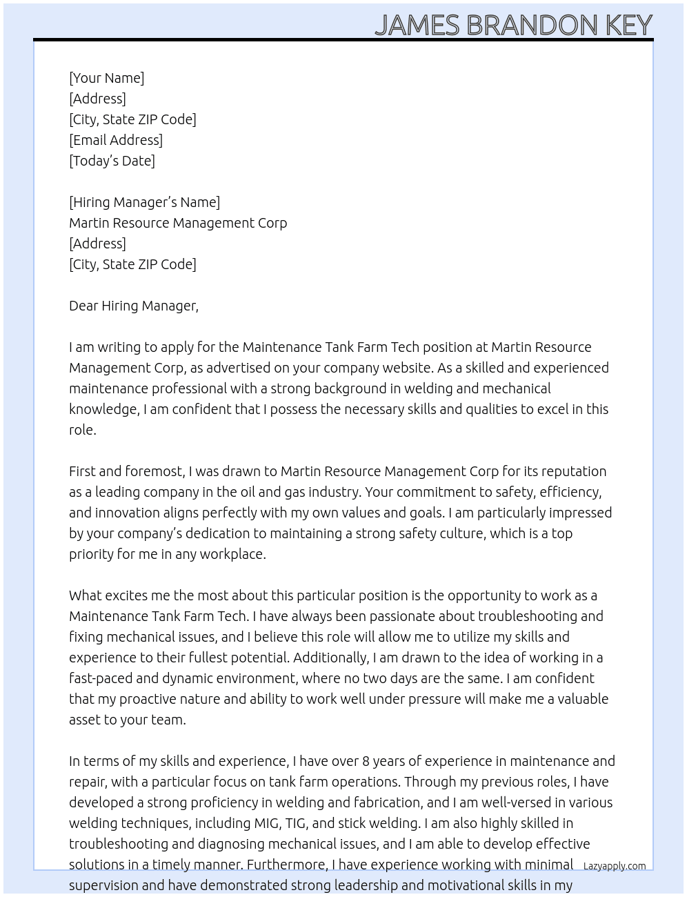 Maintenance tank farm tech  At Martin Resource Management Corp  Cover Letter