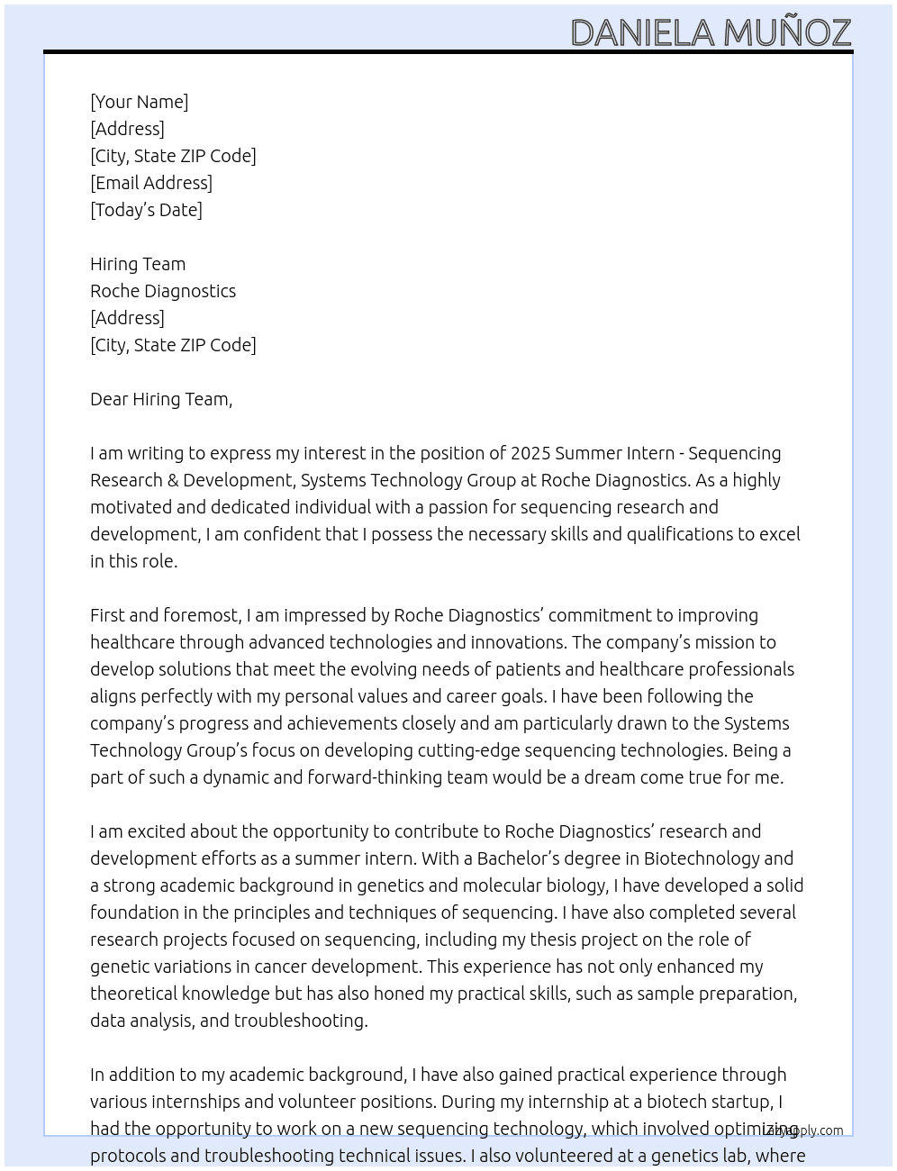 2025 Summer Intern - Sequencing Research & Development, Systems Technology Group At Roche Diagnostics Cover Letter