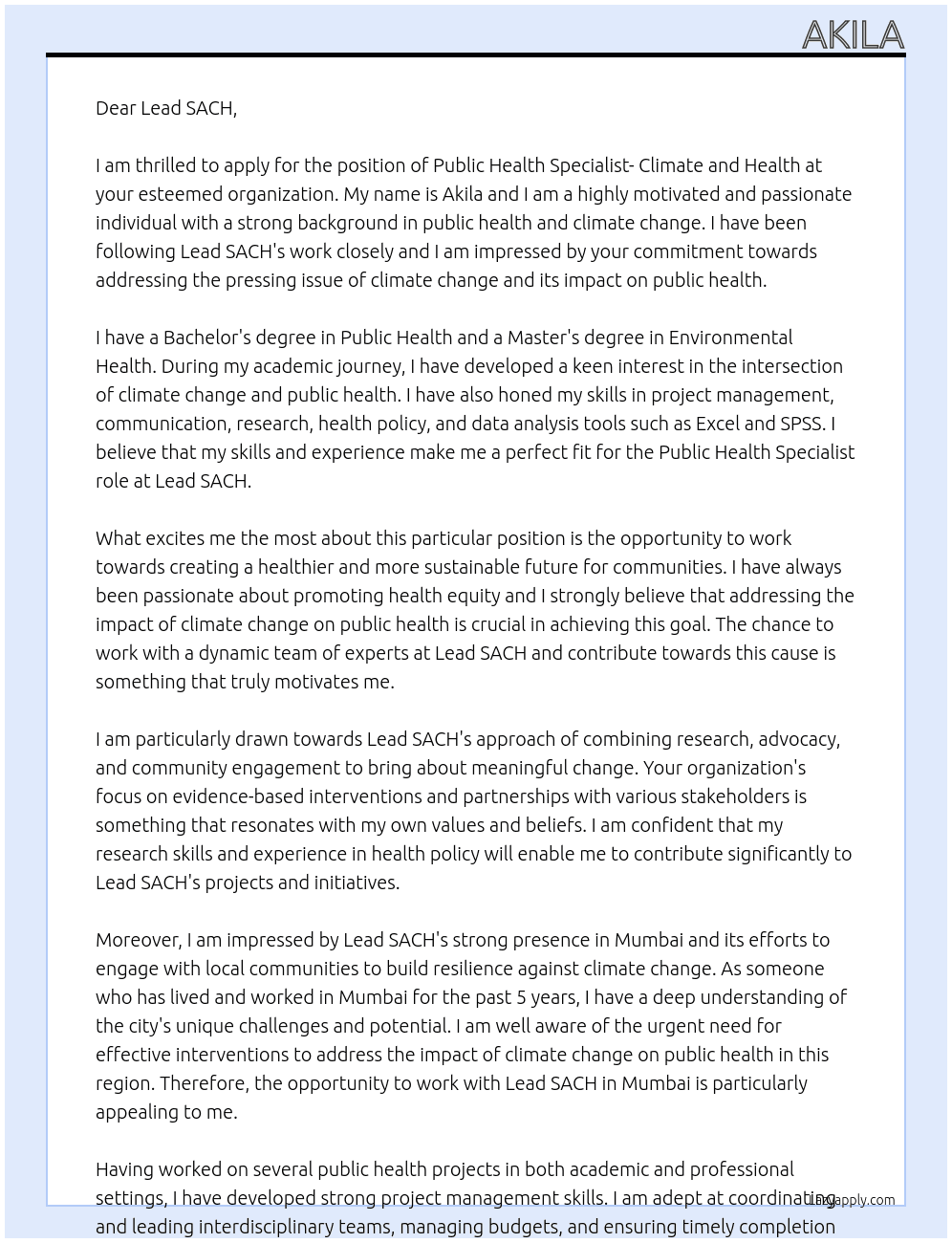 Public Health Specialist- Climate and health At  Lead SACH Cover Letter