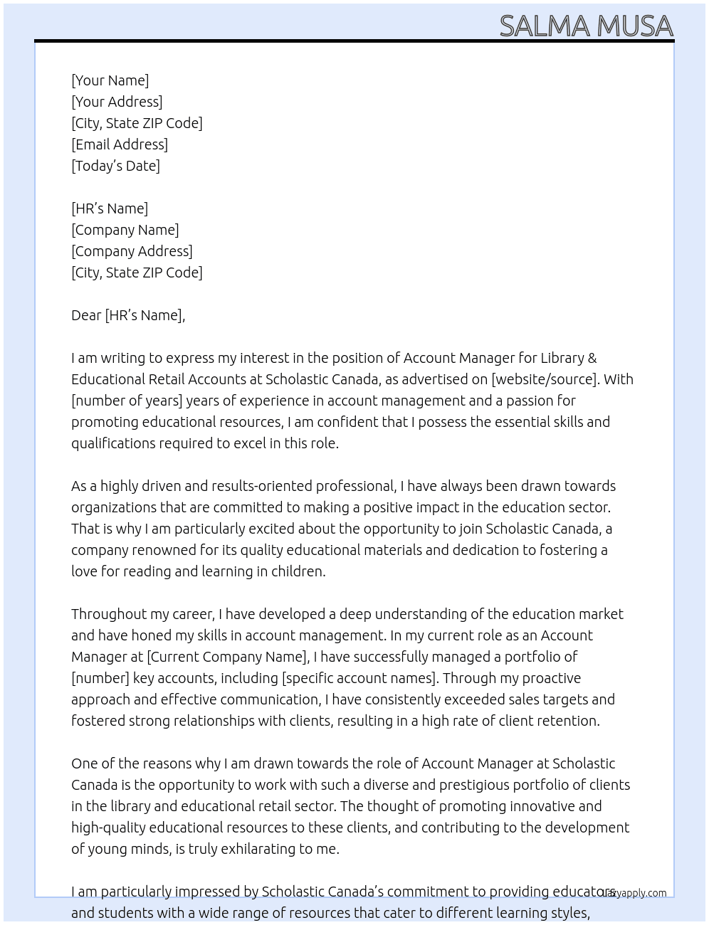 Account Manager, Library & Educational Retail Accounts At Scholastic Canada Cover Letter