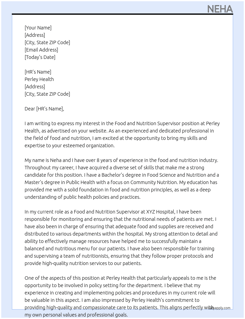 Food and Nutrition supervisor At Perley Health Cover Letter