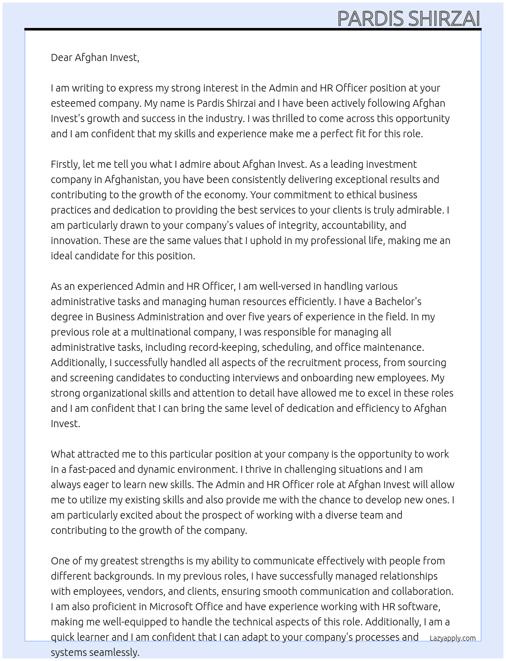 Admin And HR Officer At Afghan Invest Cover Letter