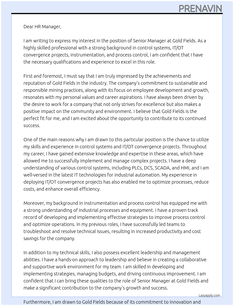senior manager At Gold Fields Cover Letter