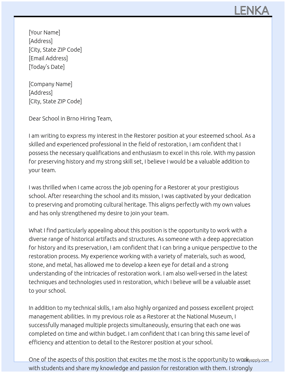 restorer At School in Brno Cover Letter