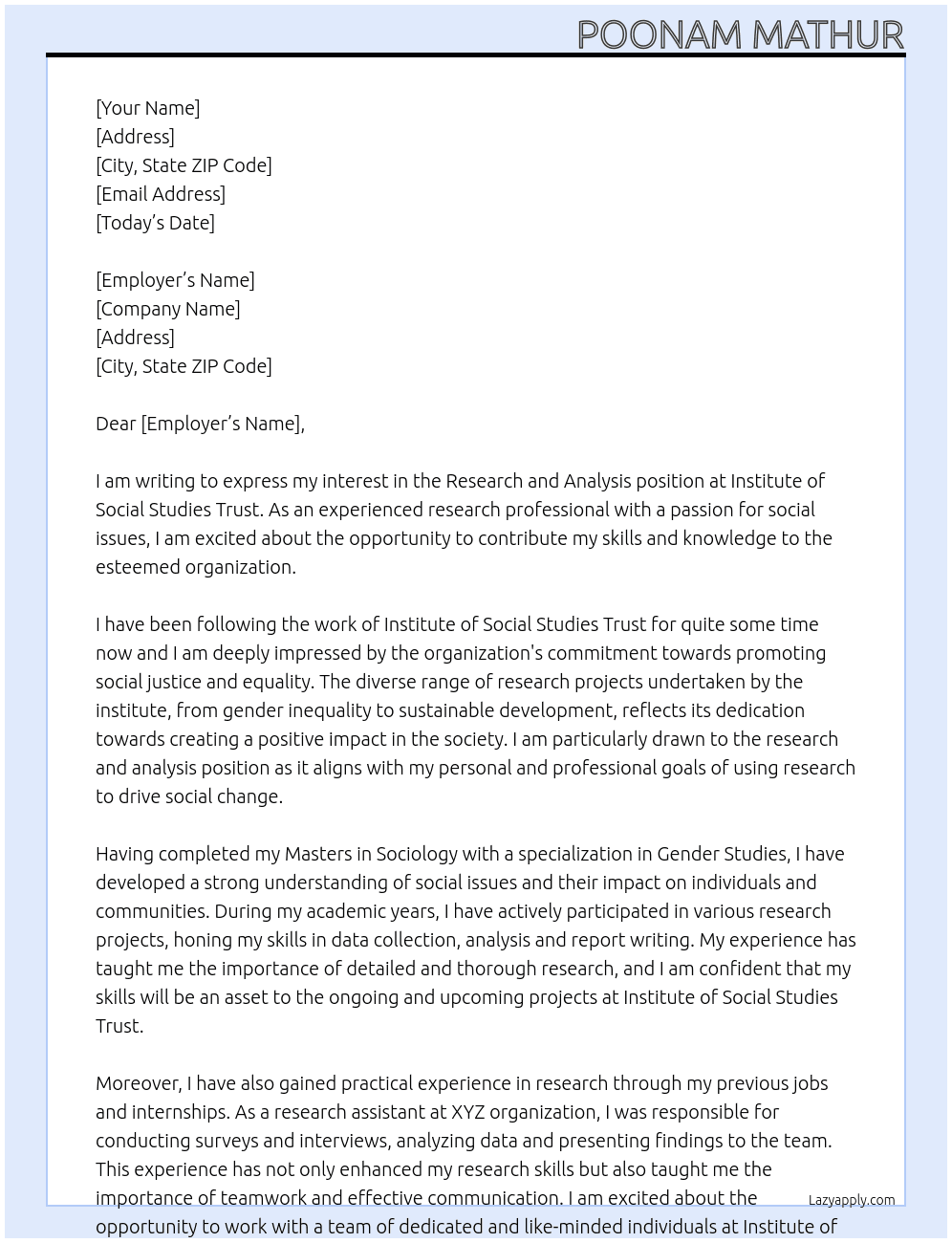 Research and Analysis At Institute of Social Studies Trust  Cover Letter