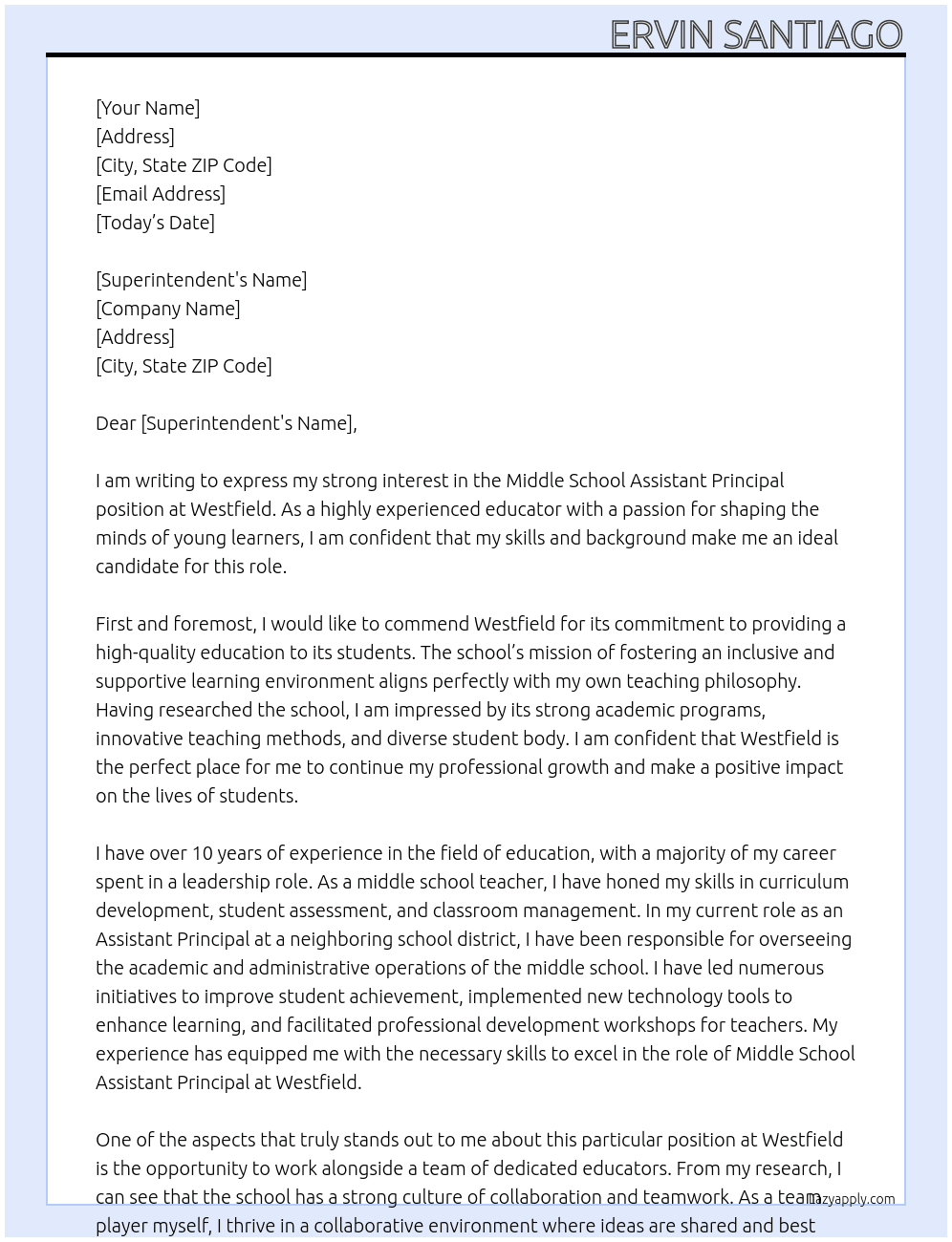 middle school assistant principal At Westfield Cover Letter