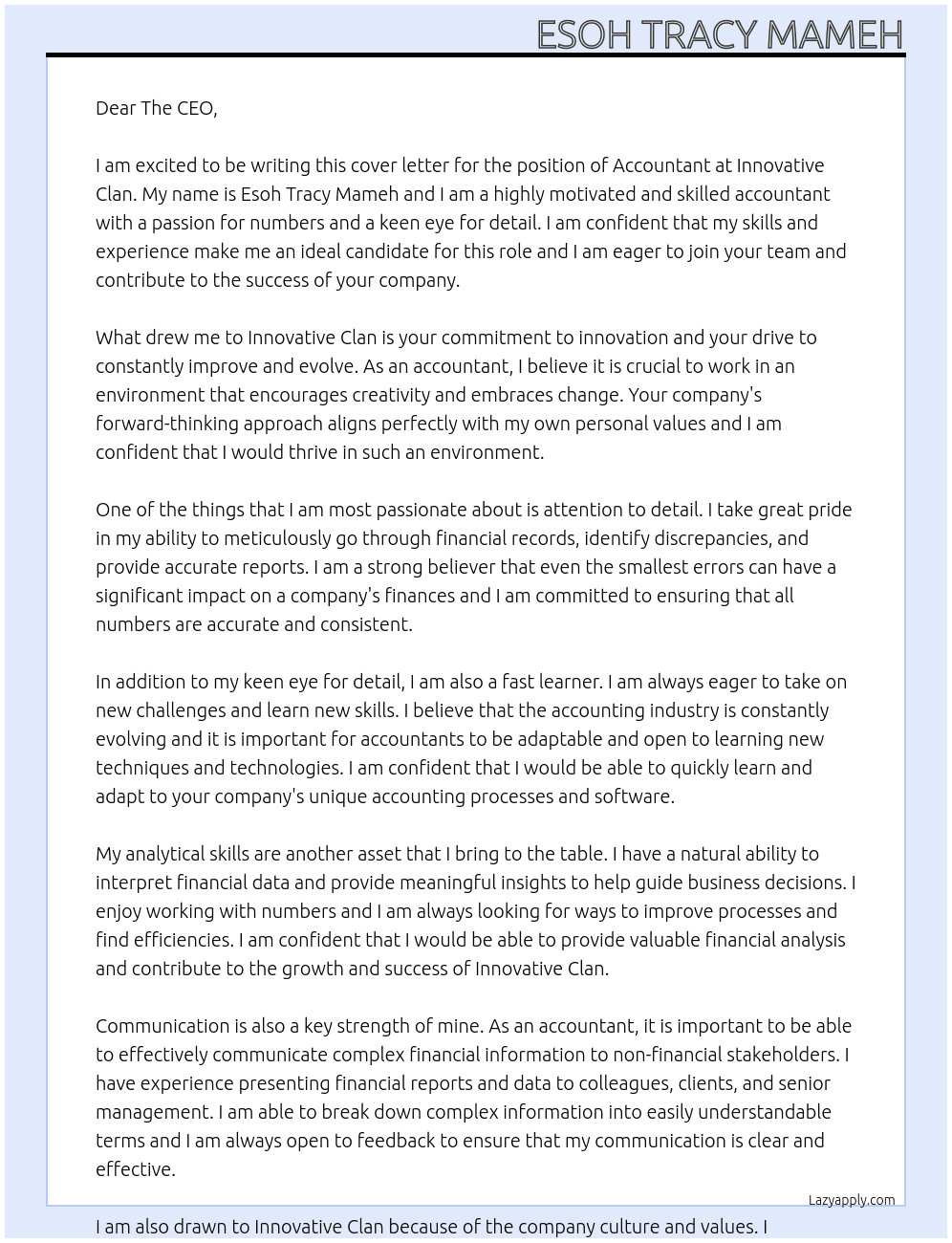 Accountant At Innovative Clan Cover Letter
