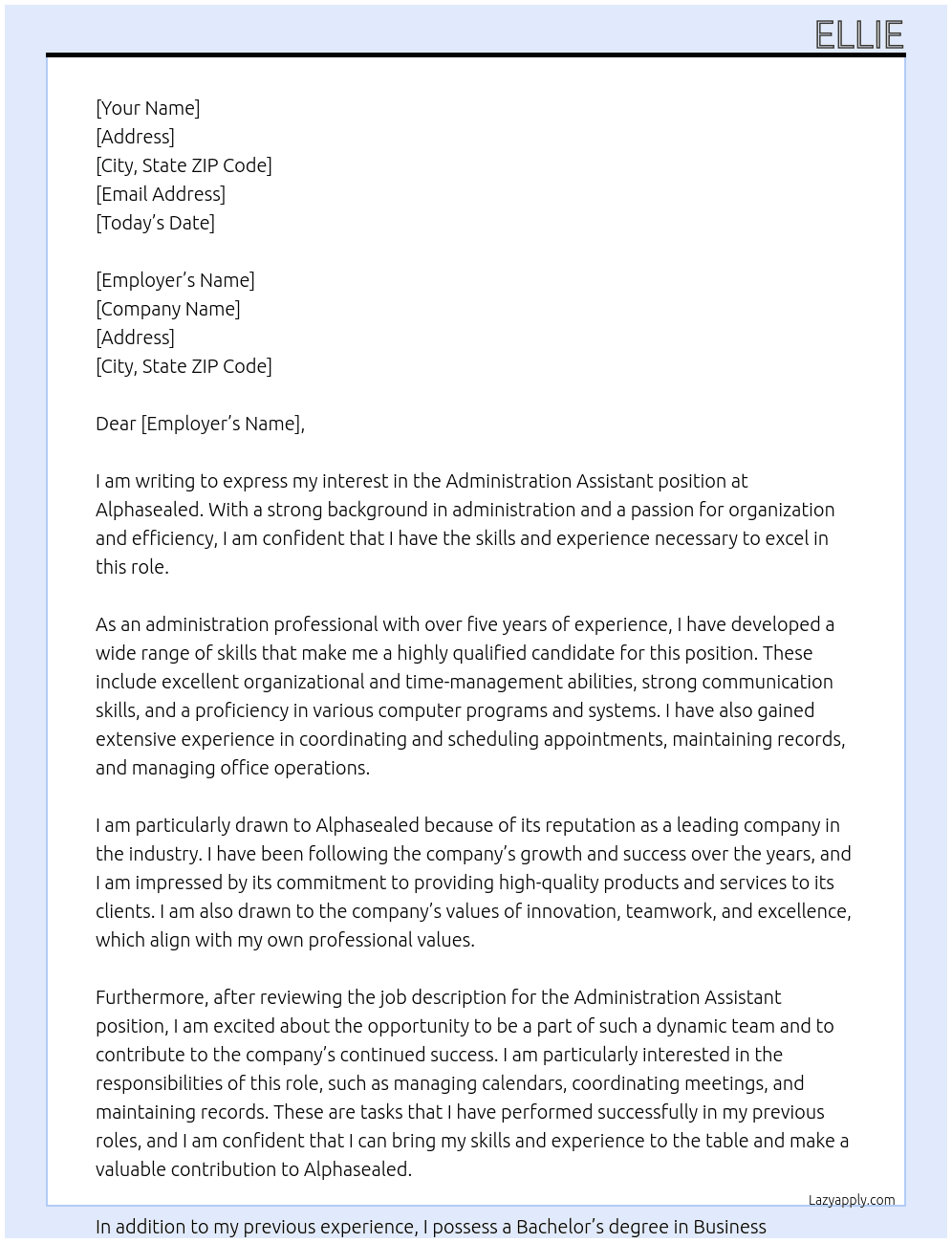 administration assistant  At Alphasealed  Cover Letter