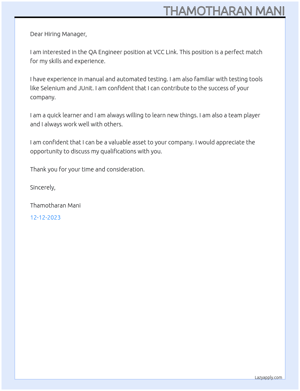 QA Engineer At VCC Link Cover Letter