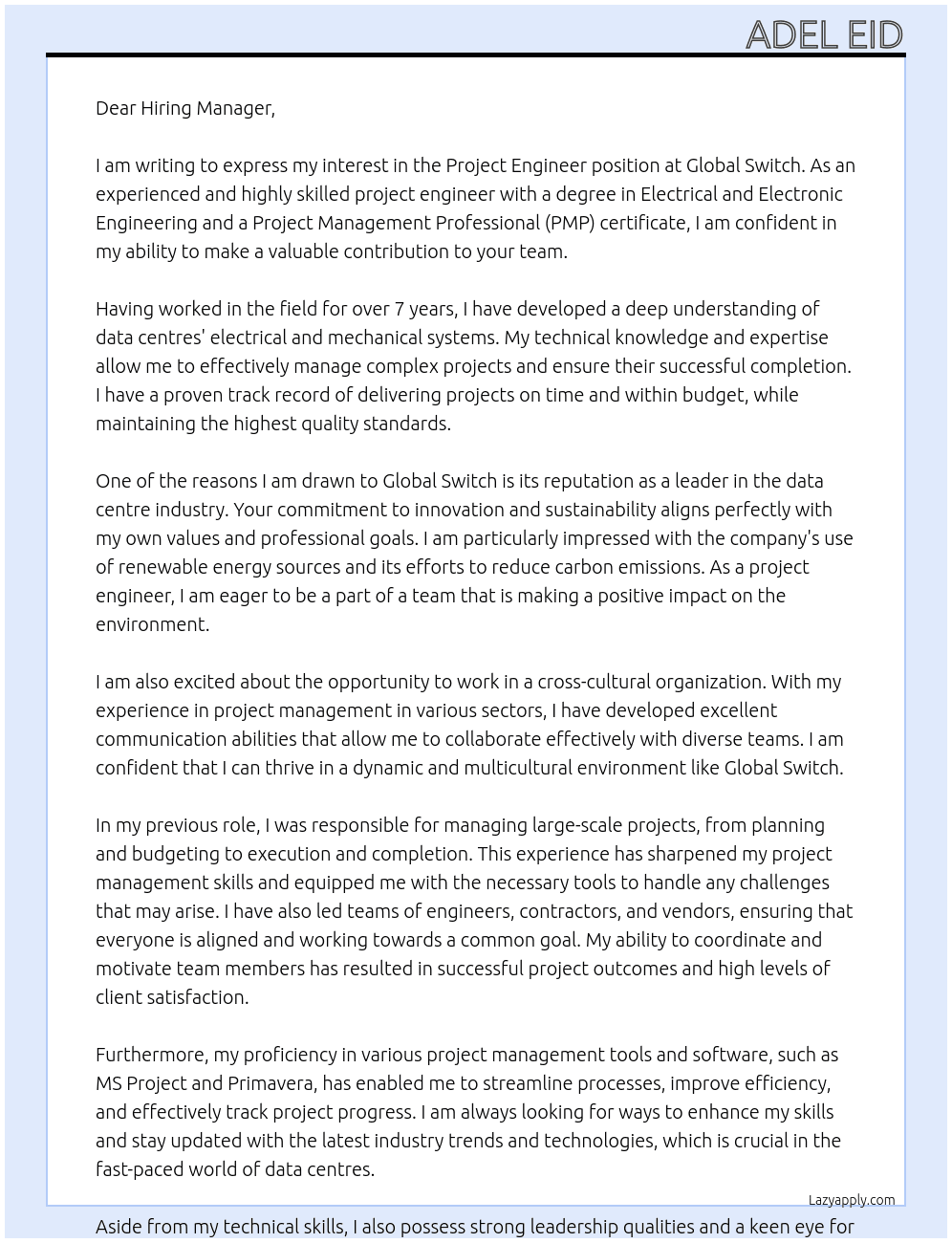 Project Engineer At Global Switch Cover Letter