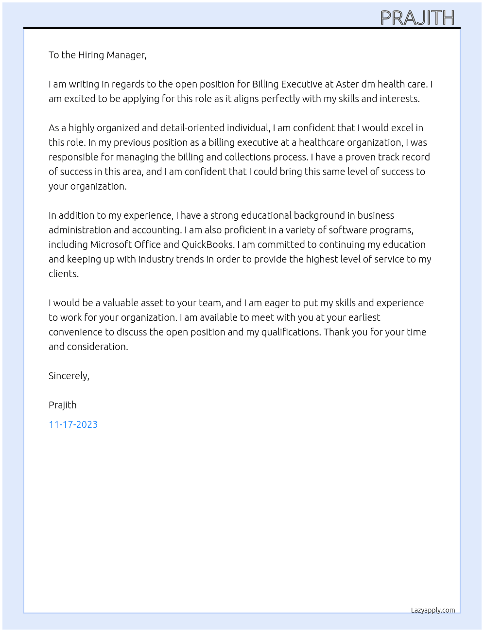 Billing Executive  At Aster dm health care  Cover Letter