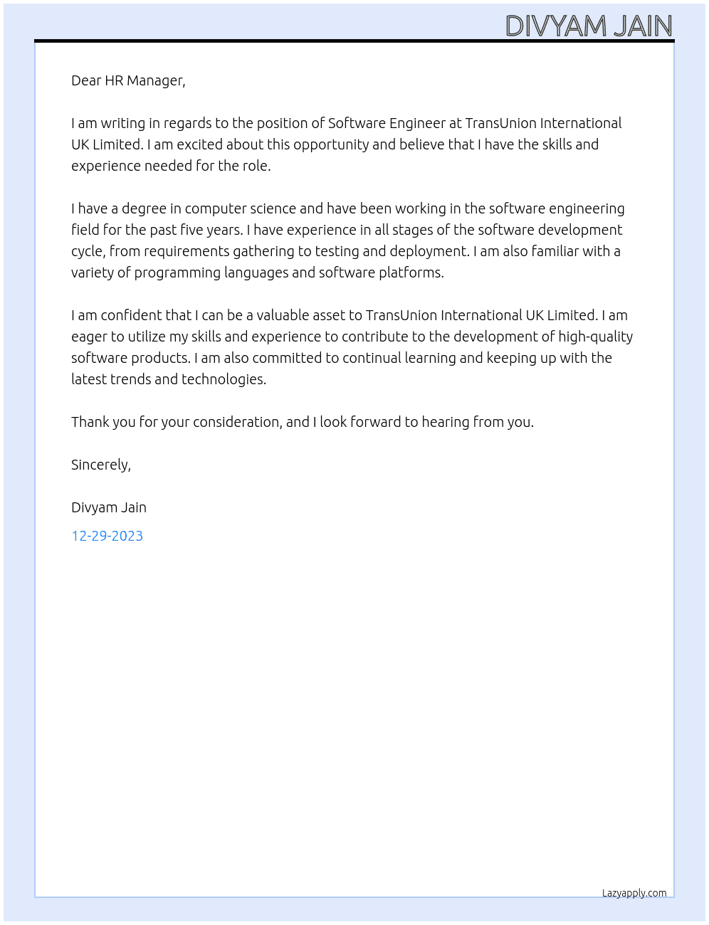 Software Engineer At TransUnion International UK Limited Cover Letter
