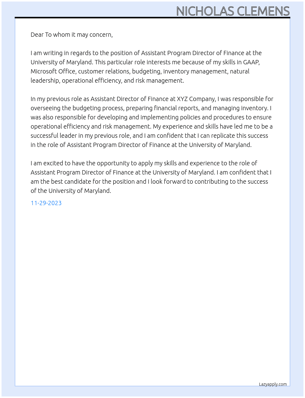 Assistant Program Director of Finance At University of Maryland Cover Letter