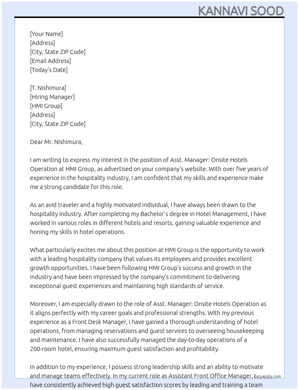 Asst. Manager: Onsite Hotels Operation At HMI Group Cover Letter