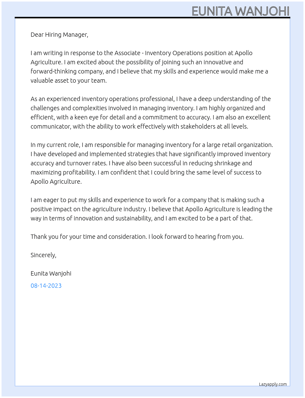 Associate - Inventory Operations  At Apollo Agriculture  Cover Letter