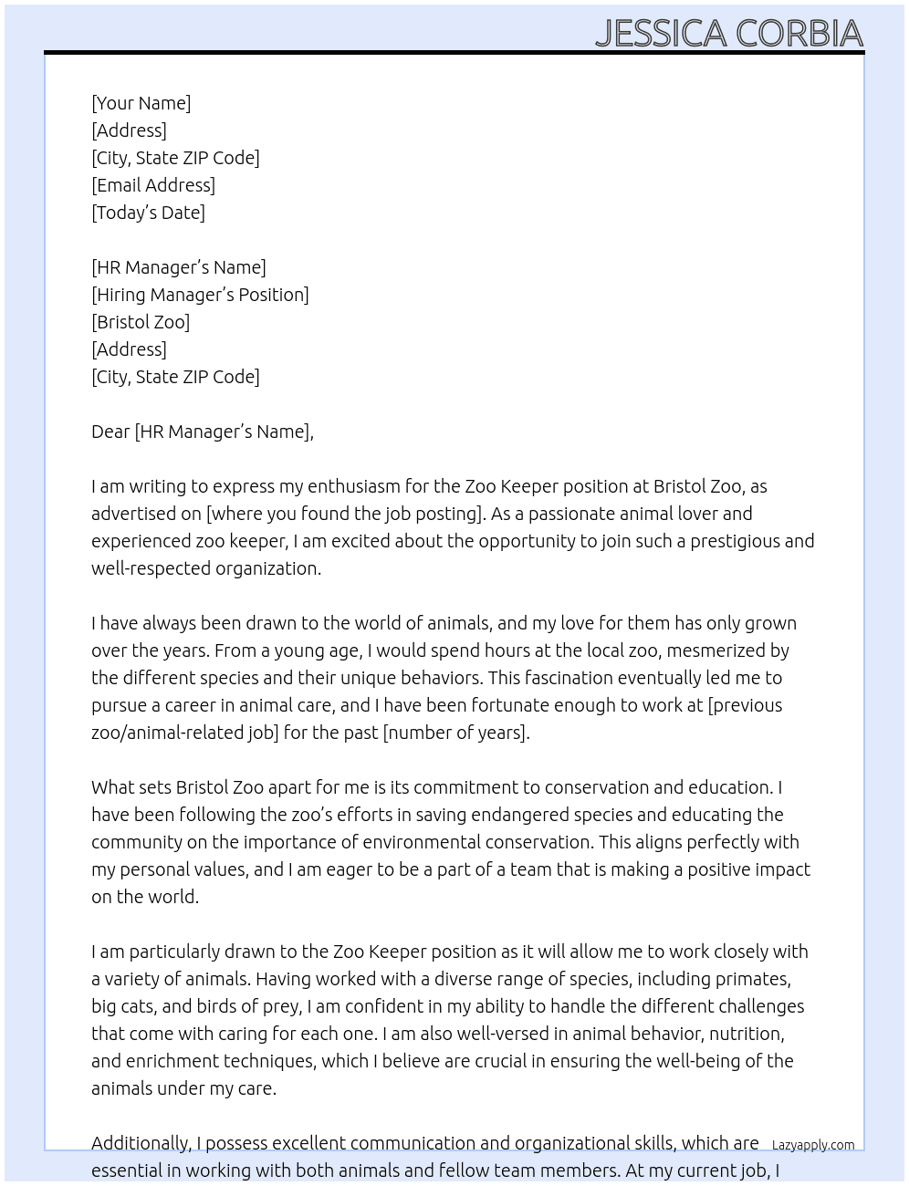 Zoo Keeper At Bristol Zoo Cover Letter