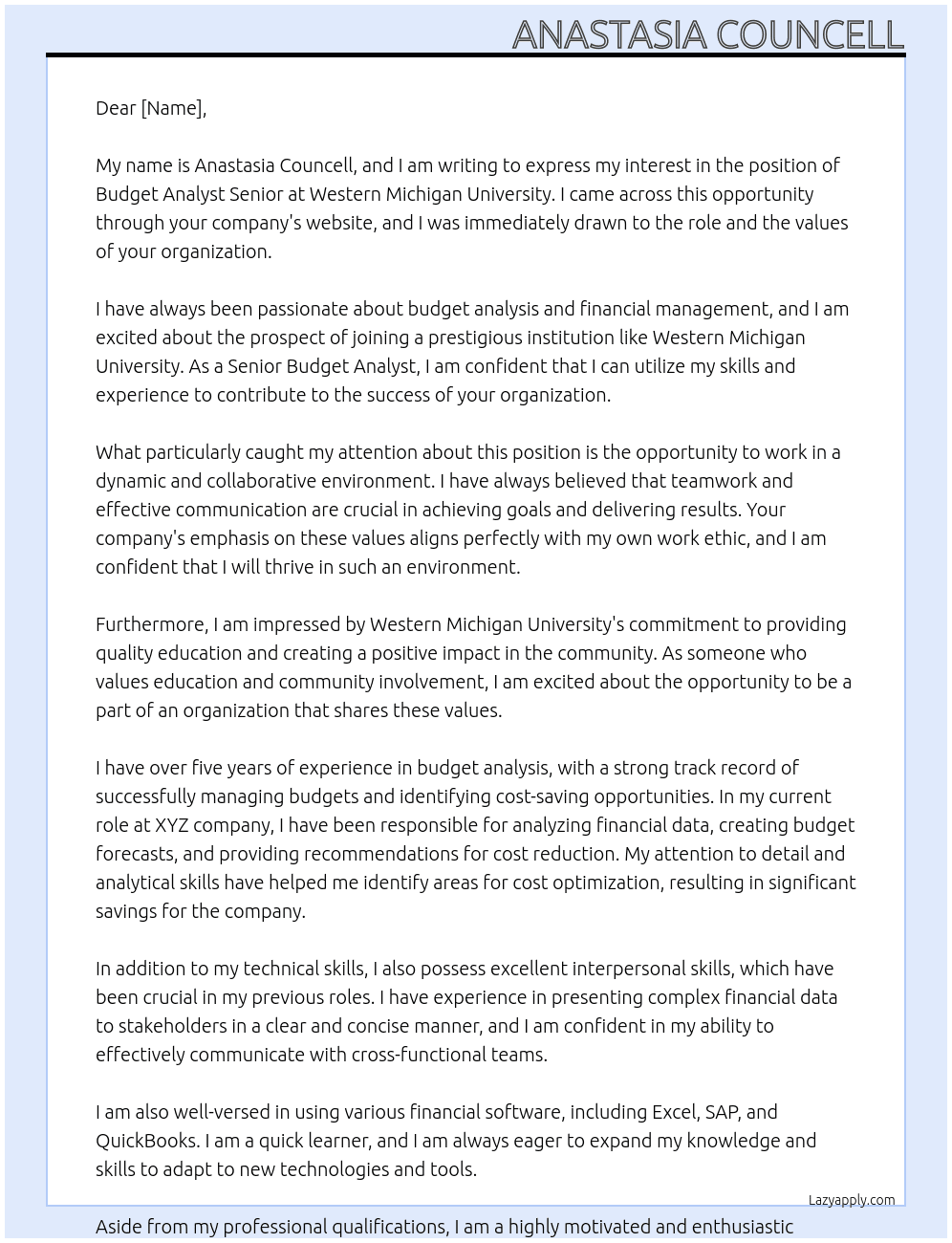 Budget Analyst Senior At Western Michigan University Cover Letter