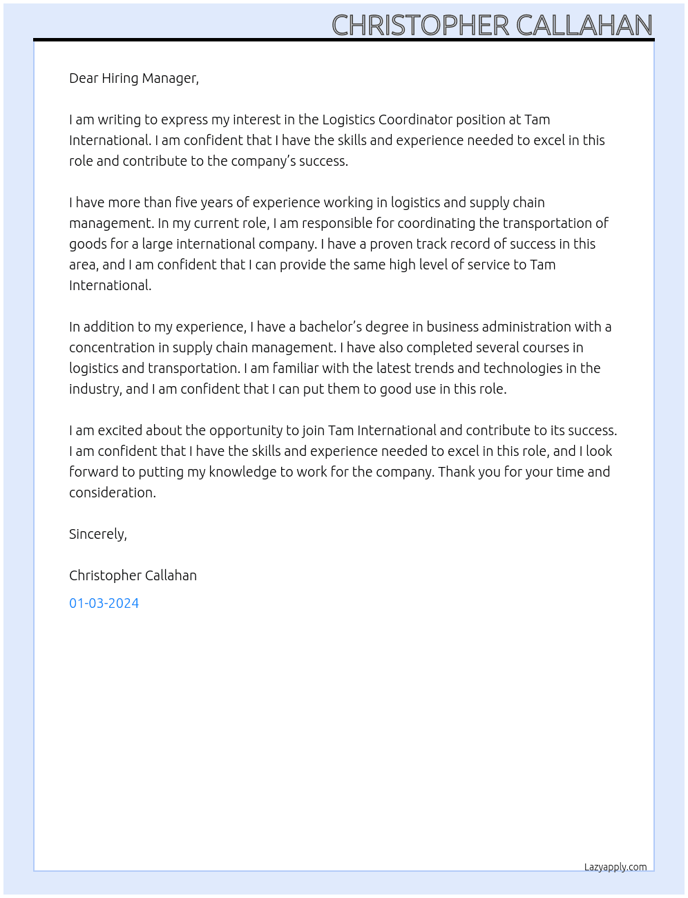 Logistics Coordinator At Tam International Cover Letter