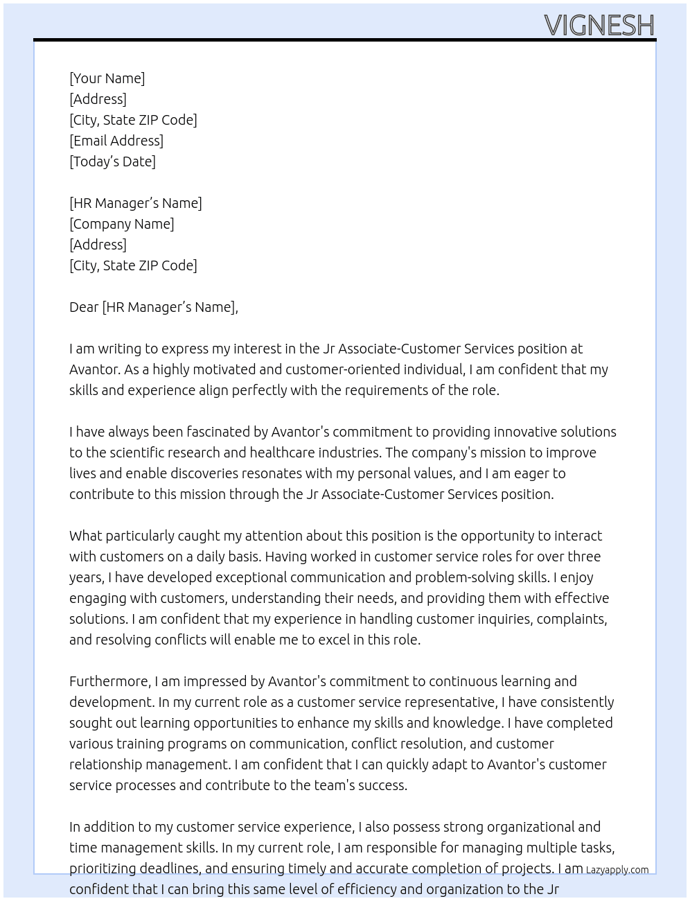 Jr Associate-Customer Services  At Avantor Cover Letter