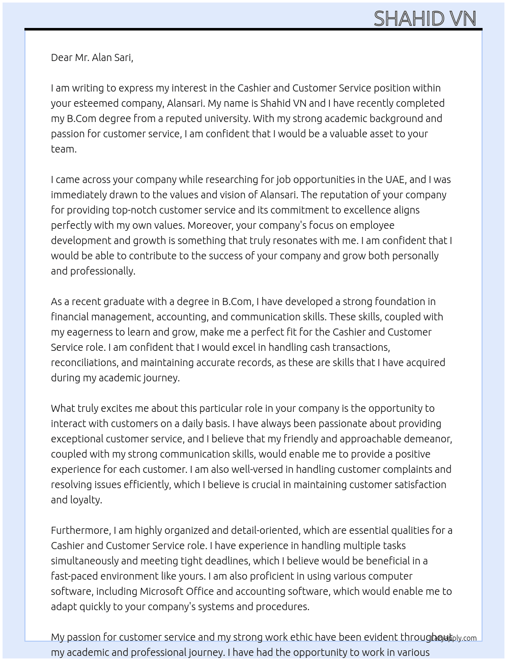 Cashier, Coustemer service  At  Alansari Cover Letter