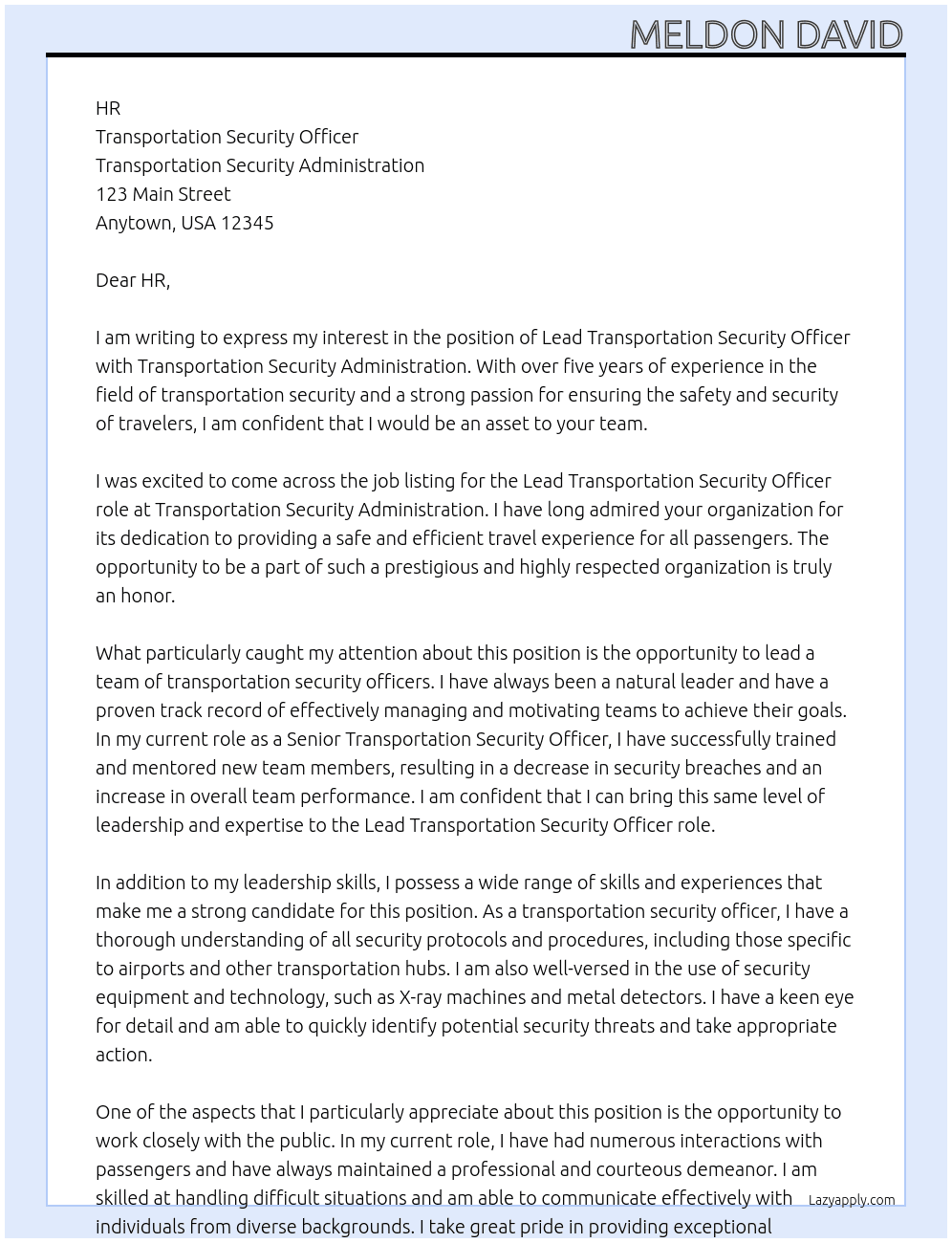 Lead transportation Security Officer At Transportation Security Officer  Cover Letter